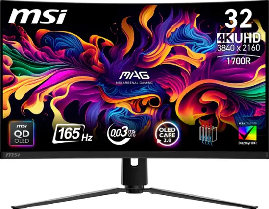 msi MAG MSI ARSENAL GAMING 32 4K UHD 3840 x 2160 1700R msi QD OLED 165 Hz 0.03 ms GTG OLED CARE 2.0 VESA CERTIFIED DisplayHDR msi