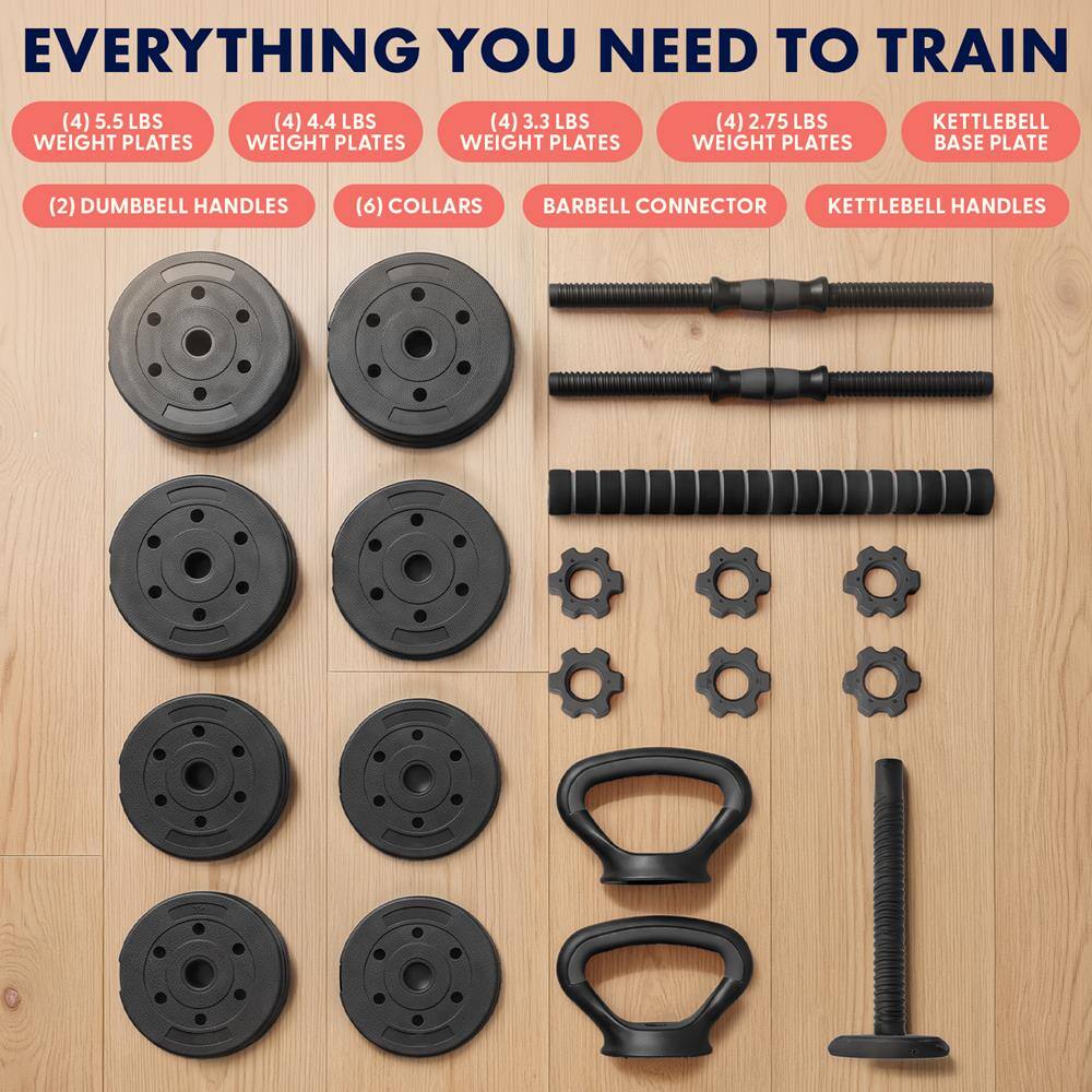 EVERYTHING YOU NEED TO TRAIN

(4) 5.5 LBS WEIGHT PLATES  
(4) 4.4 LBS WEIGHT PLATES  
(4) 3.3 LBS WEIGHT PLATES  
(4) 2.75 LBS WEIGHT PLATES  
KETTLEBELL BASE PLATE  
(2) DUMBBELL HANDLES  
(6) COLLARS  
BARBELL CONNECTOR  
KETTLEBELL HANDLES