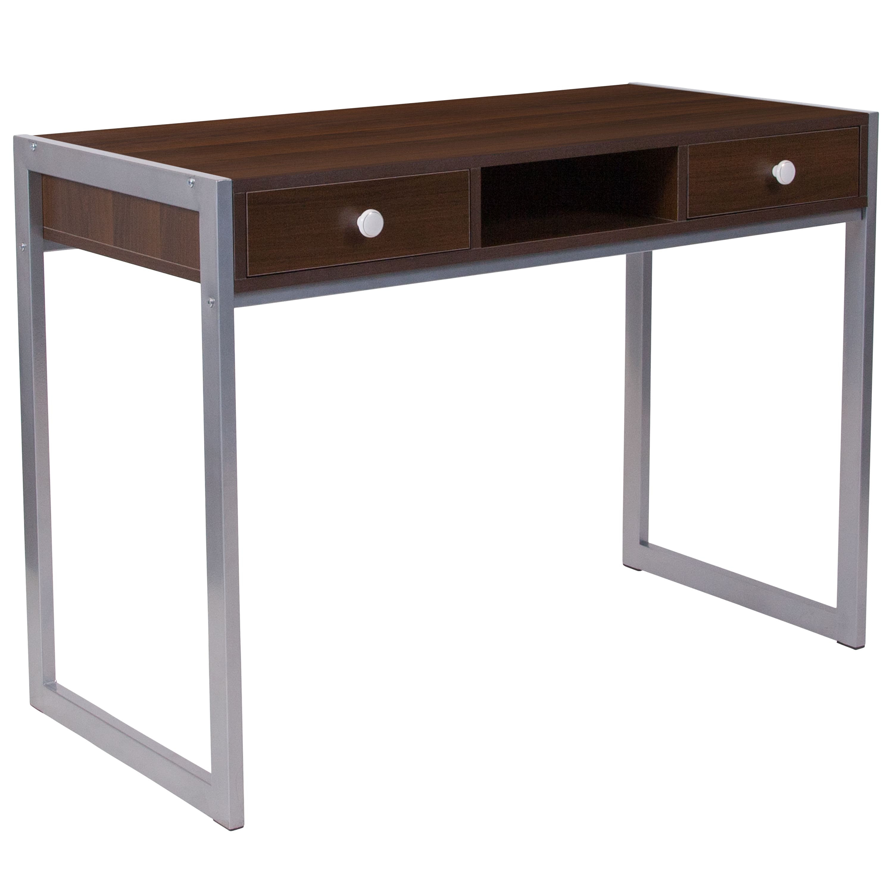 Emma + Oliver - Finish Desk with Two Drawers and Silver Metal Frame - Dark Wood Grain