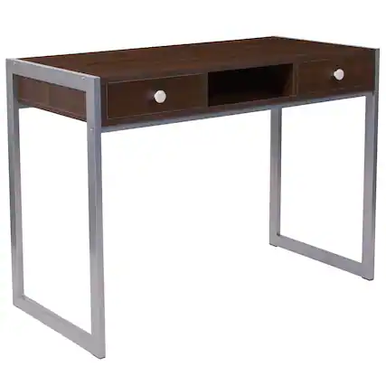 Front. Emma + Oliver - Dark Wood Grain Finish Desk with Two Drawers and Silver Metal Frame - Dark Wood Grain.