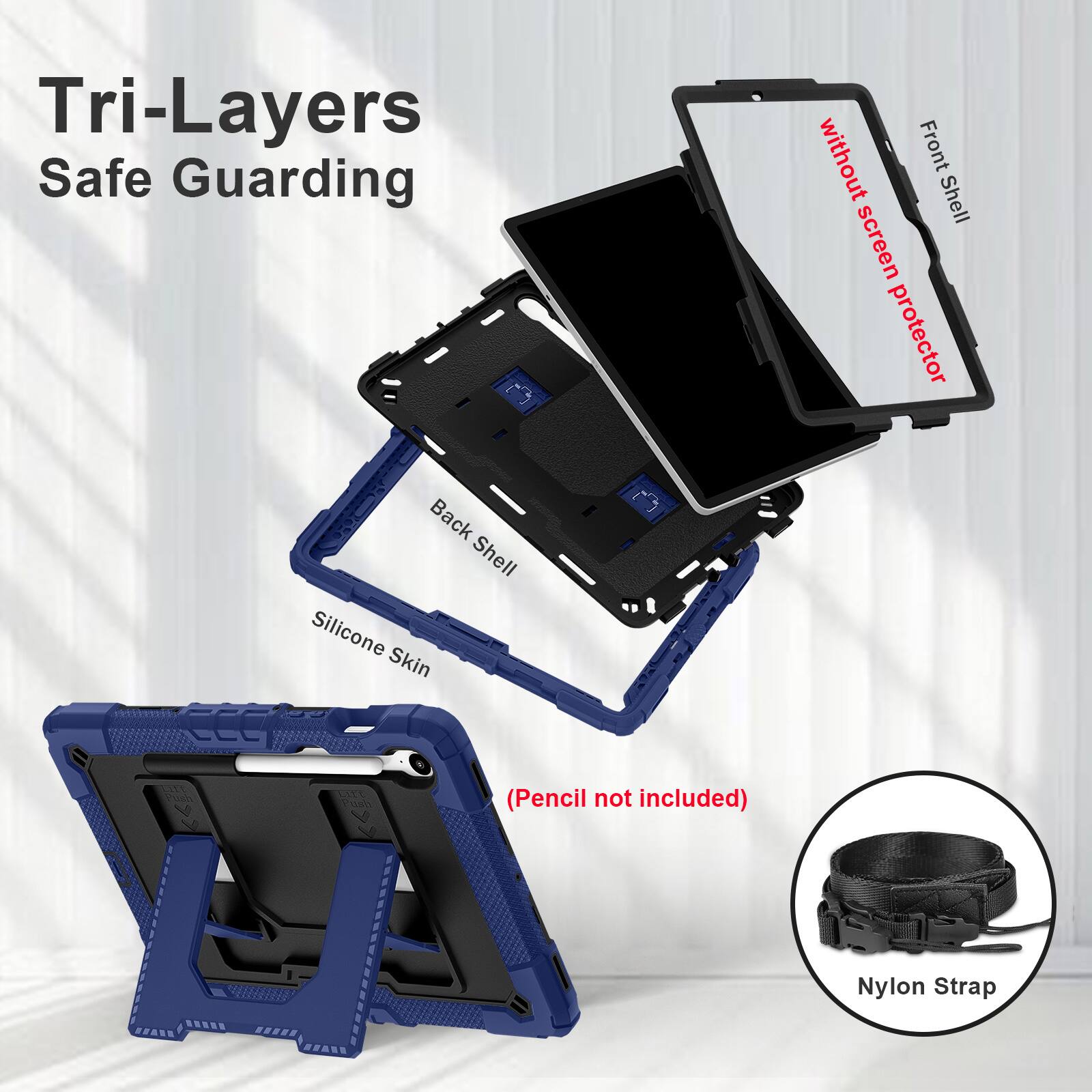 Tri-Layers Safe Guarding C without Front Shell screen protector! Back Shell Silicone Skin ECC tumh L Pas (Pencil not included) Nylon Strap