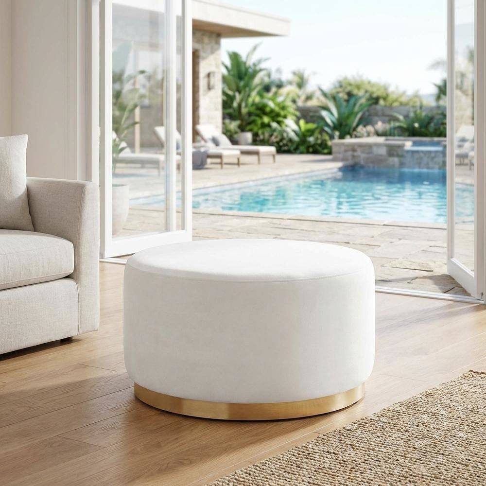 Left. Outdoor Escape - Round Performance Velvet Ottoman With Upholstered Top For Outdoor Use - Gray.