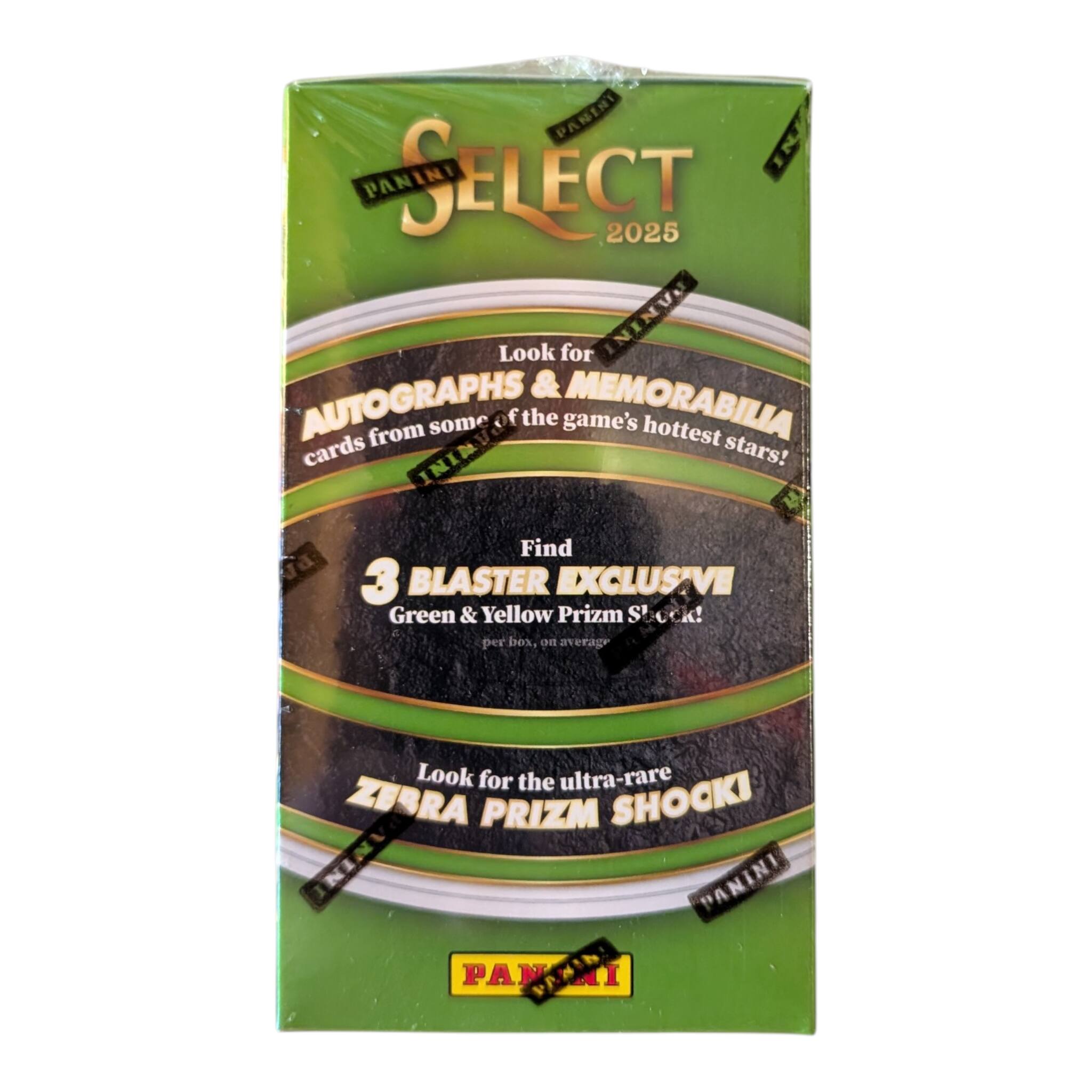 PANINI SELECT 2025

Look for AUTOGRAPHS & MEMORABILIA cards from some of the game's hottest stars!

Find 3 BLASTER EXCLUSIVE Green & Yellow Prizm Stock! on average per box.

Look for the ultra-rare ZEBRA PRIZM SHOCK!