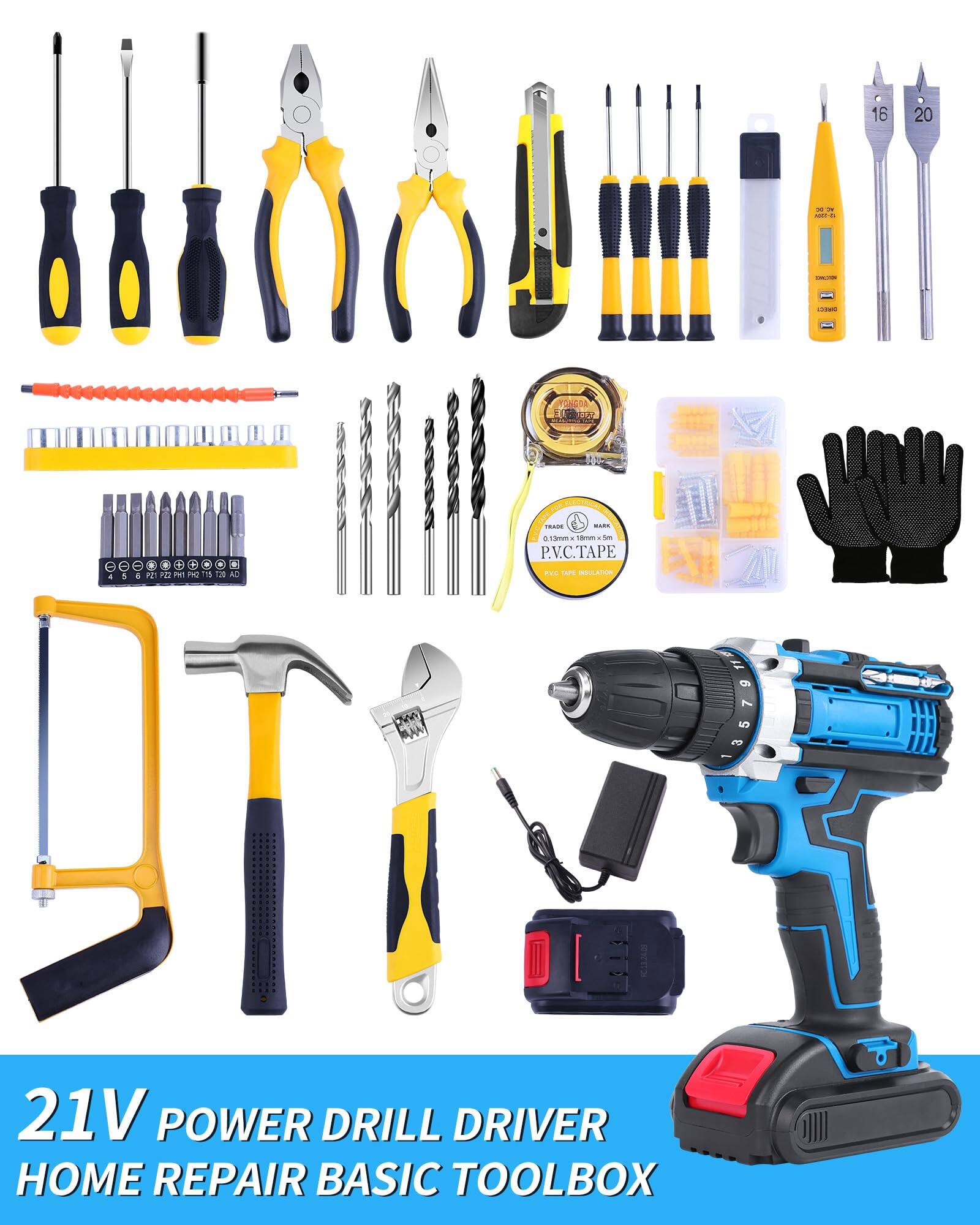 21V POWER DRILL DRIVER HOME REPAIR BASIC TOOLBOX

- Tonga F
- 20
- 16
- 2
- 1
- 2
- A
- O
- Sm
- NaIVE
- P.V.C. TAPE
- Am
- De
- h
- g
- HBSE
- 2O
- 5
- 7
- NR
- 21V