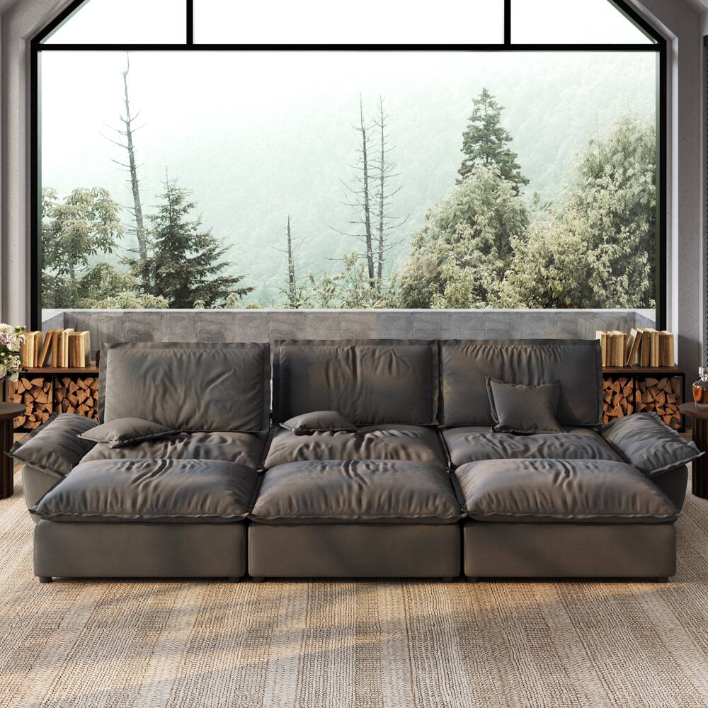 Angle. POVISON - Modern Beige Sleeper Sofa with 3 Ottomans - Gray Suede Fabric.