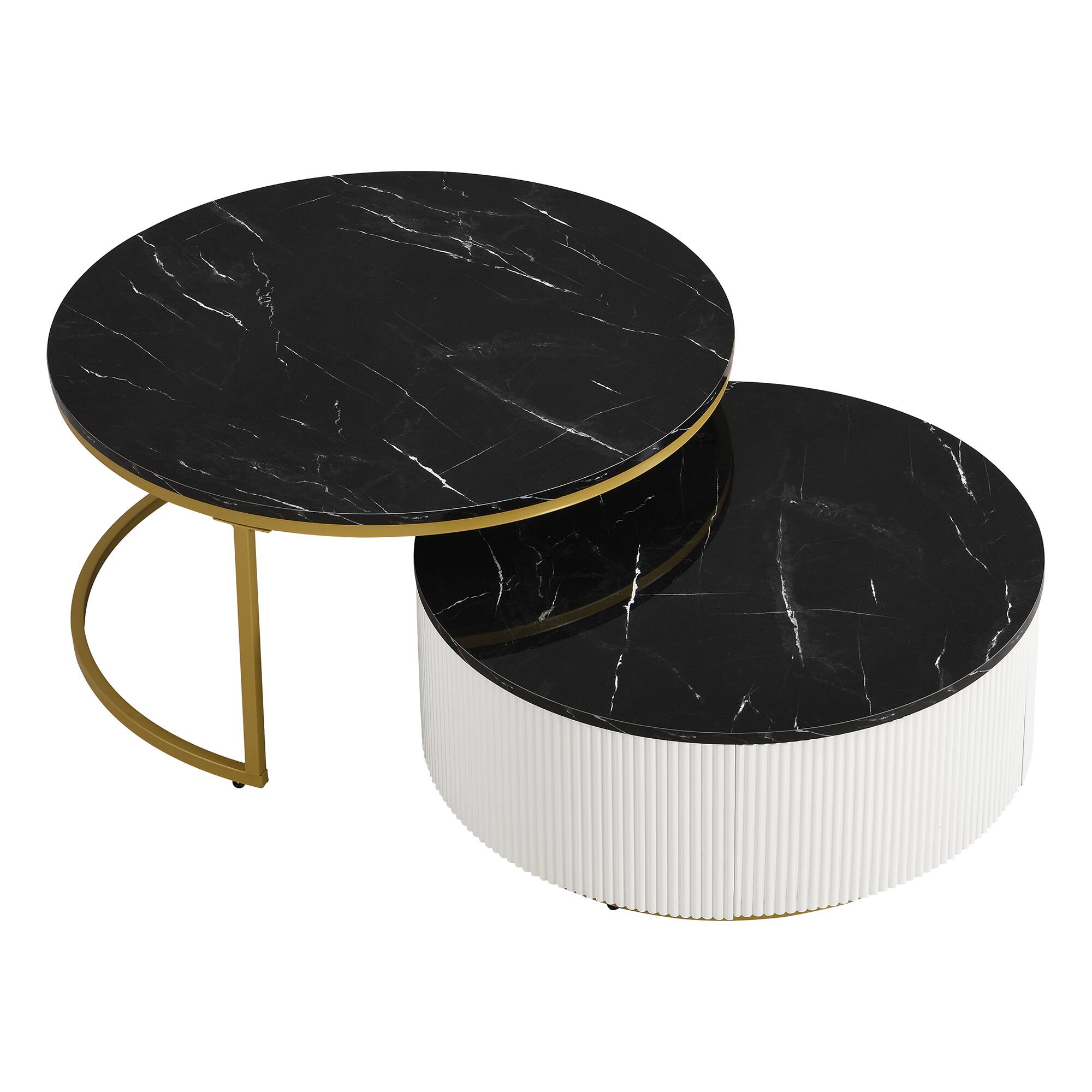 Alt View 9. Tiramisubest - Modern Round Nesting Coffee Table Fluted with Drawer in Black & Gold in 27.6" - Black.