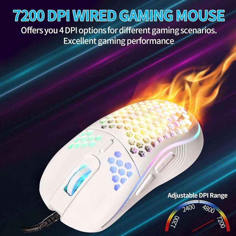 7200 DPI WIRED GAMING MOUSE  
Offers you 4 DPI options for different gaming scenarios.  
Excellent gaming performance  

Adjustable DPI Range: 1200, 2400, 4800, 7200
