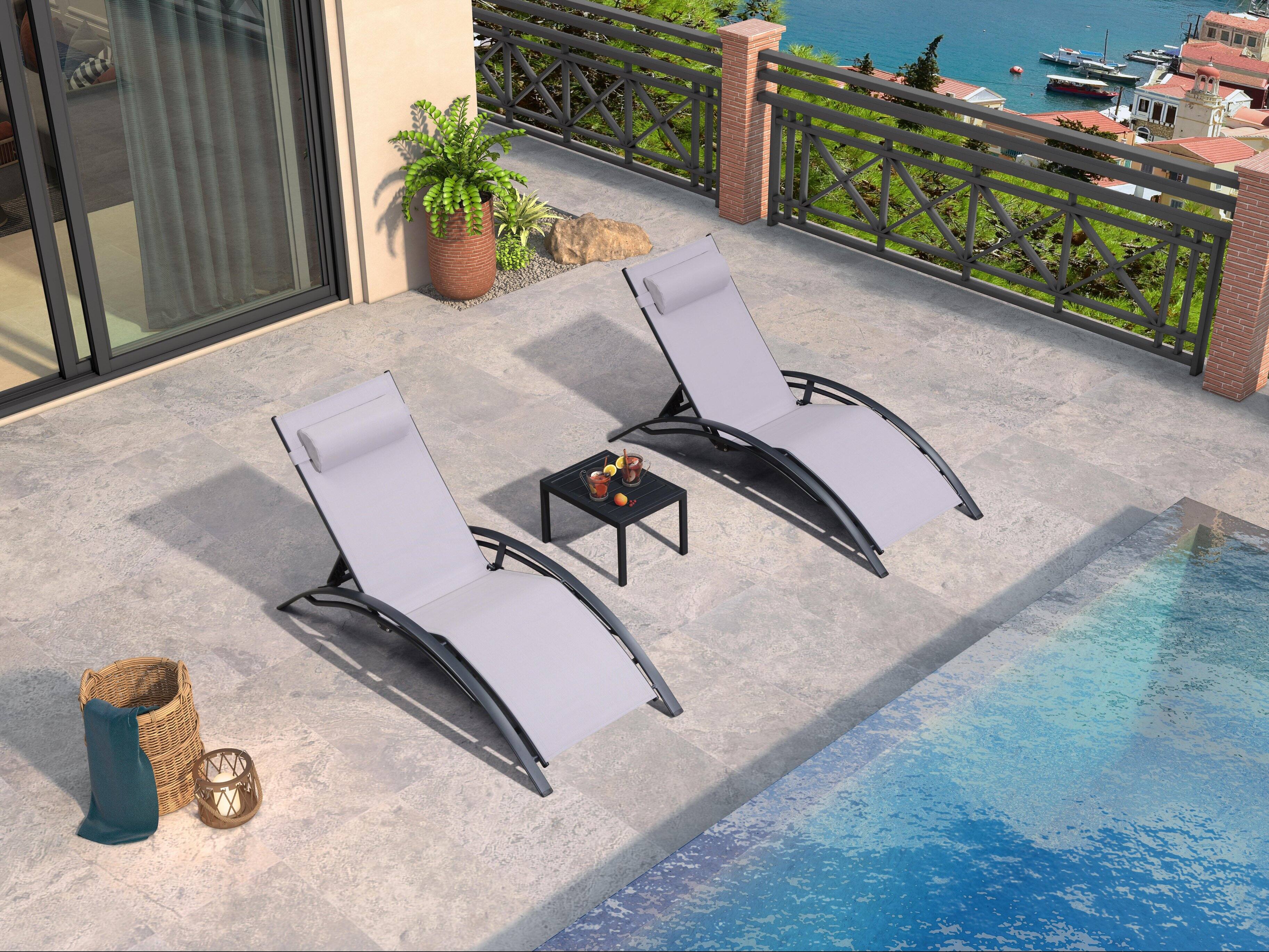 Alt View 1. PURPLE LEAF - 3-Pieces Aluminum Outdoor Chaise Lounge Patio Lounge Chair with Side Table, Light Gray - Light Grey.