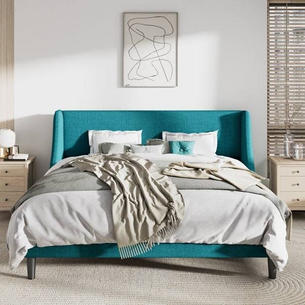 Hivvago - King Size Upholstered Linen Blend Headboard Wingback Platform Bed - Turquoise