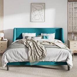 Hivvago - King Size Upholstered Linen Blend Headboard Wingback Platform Bed - Turquoise