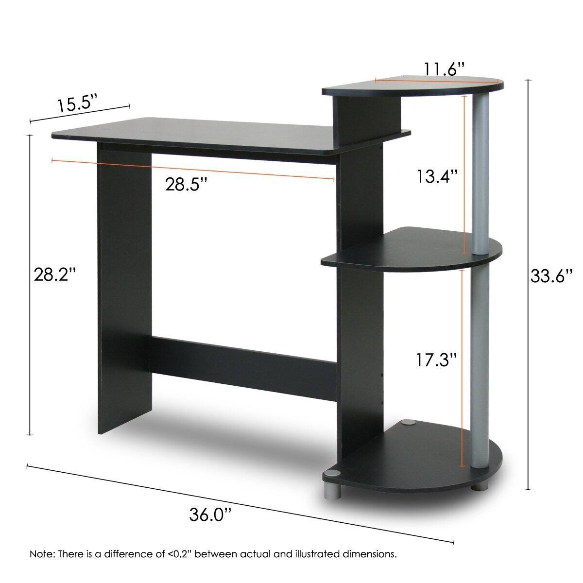- Width: 36.0"
- Depth: 28.5"
- Height: 33.6"
- Shelf Height: 17.3"
- Top Shelf Height: 13.4"
- Side Height: 15.5"
- Side Depth: 28.2"
- Round Table Height: 11.6"

Note: There is a difference of <0.2" between actual and illustrated dimensions.