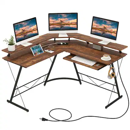 Front. Kadyn - L-shaped Computer Desk with Power Outlet and Monitor Stand-Rustic Brown, Home Office Desks, Computer Desks for Study - Brown.