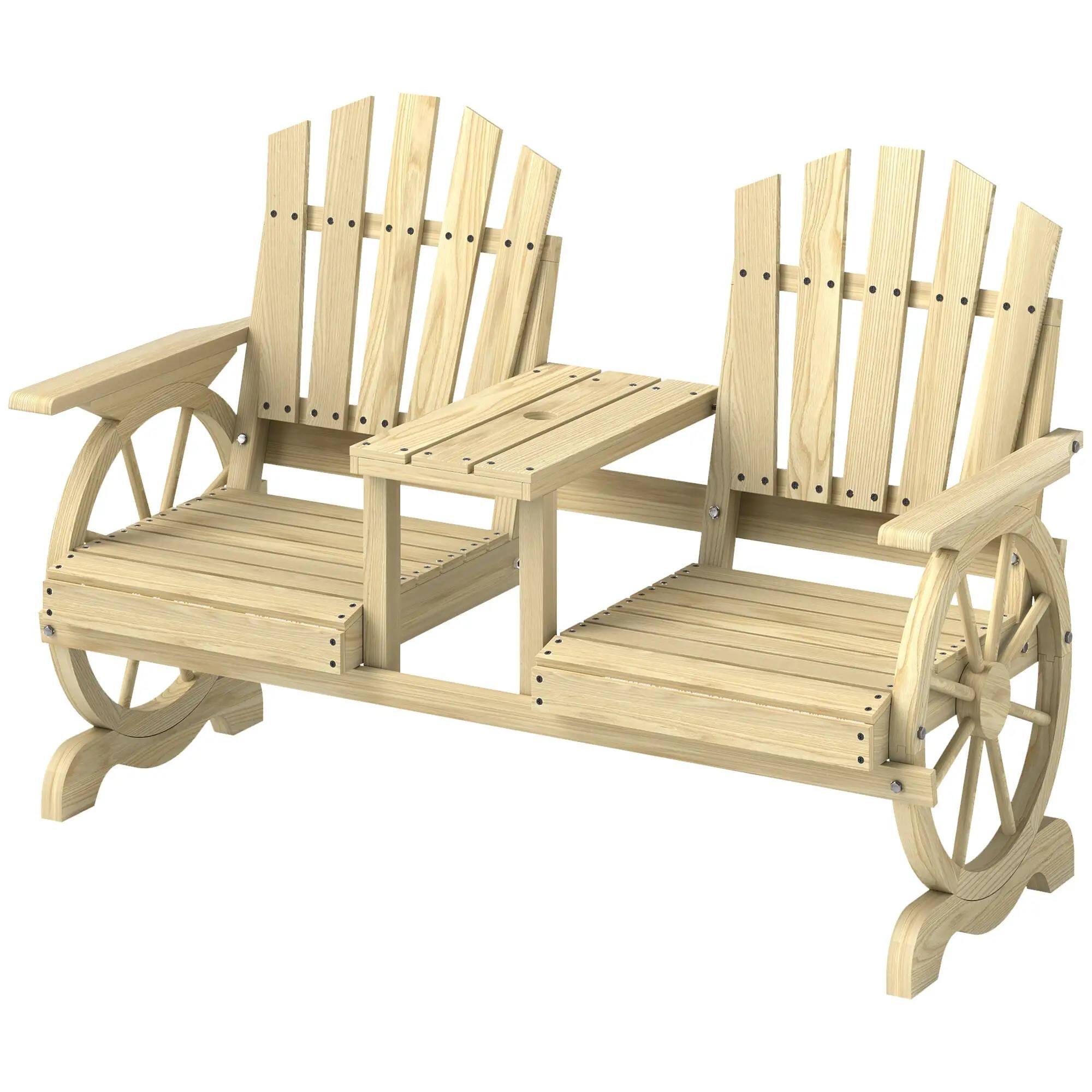 Front. Resenkos - Resenkos Outdoor Bench with Table & Umbrella Hole, High-Back, Armrests, Perfect for Patio & Garden,Natural Wood - Natural Wood.