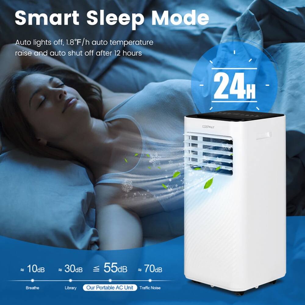 Smart Sleep Mode  
Auto lights off, 1.8°F/h auto temperature raise and auto shut off after 12 hours  

24H  

COSTWAY  

≈ 10dB ≈ 30dB ≈ 55dB ≈ 70dB  

Breathe Library Our Portable AC Unit Traffic Noise
