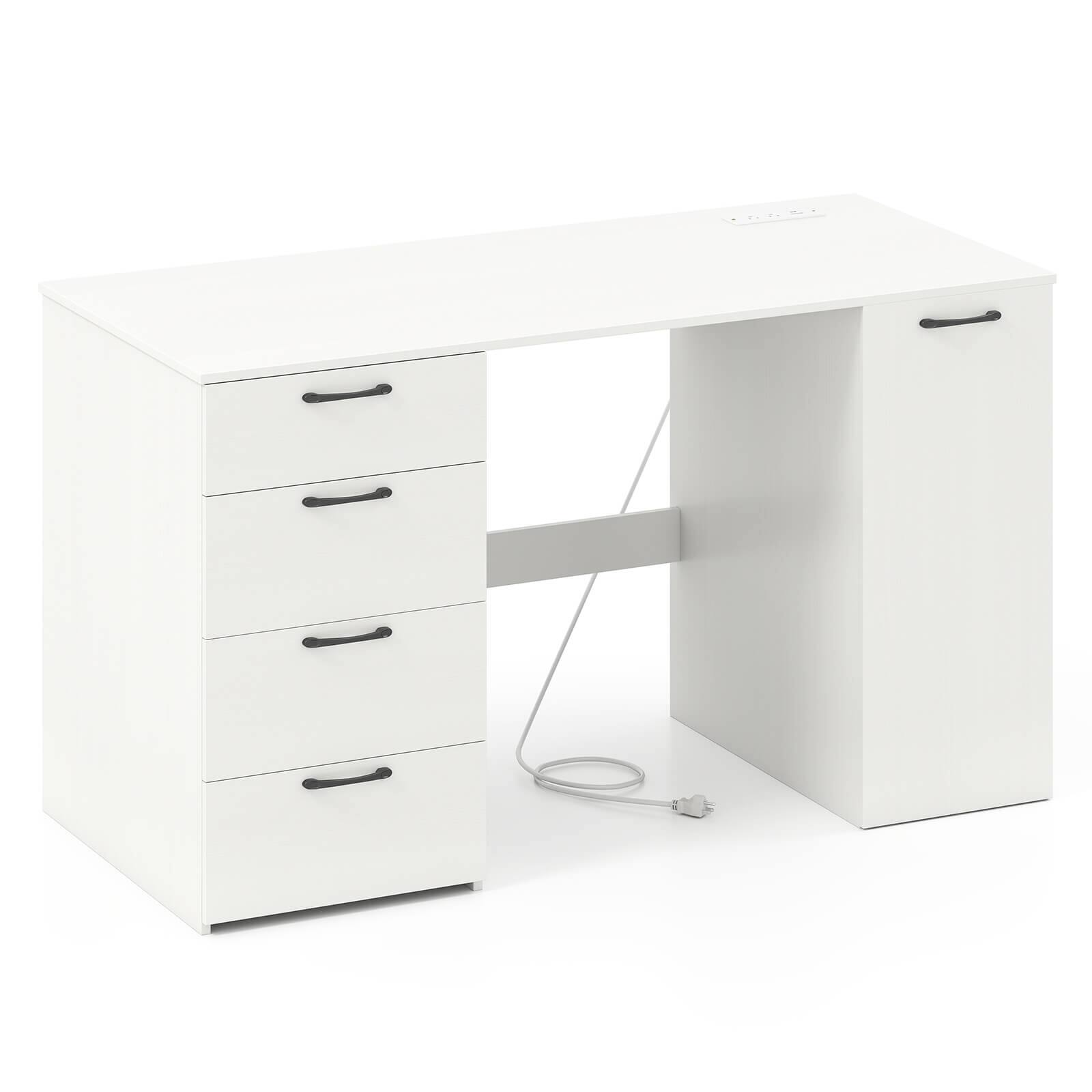 Angle. Costway - Costway 53" Computer Desk with Power Outlets Large Executive Desk with 4 Storage Drawers White - White + Black.