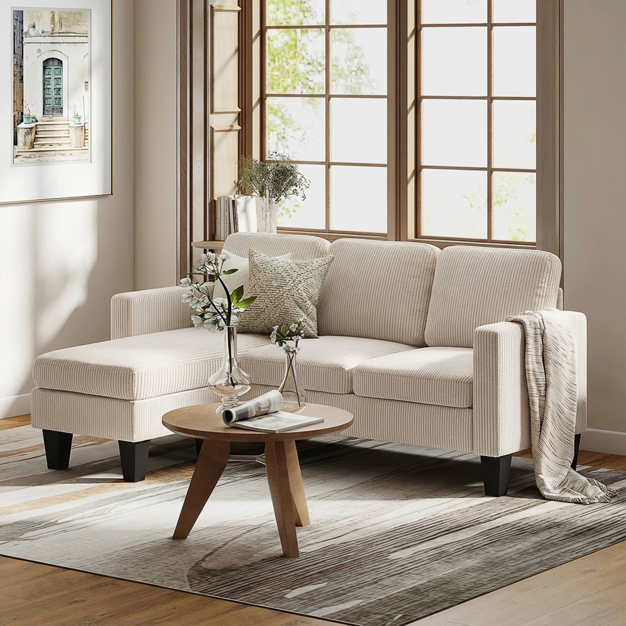 Alt View 1. Homcom - Sofa, L Shaped Couch, with Reversible Chaise or Ottoman - Cream White.