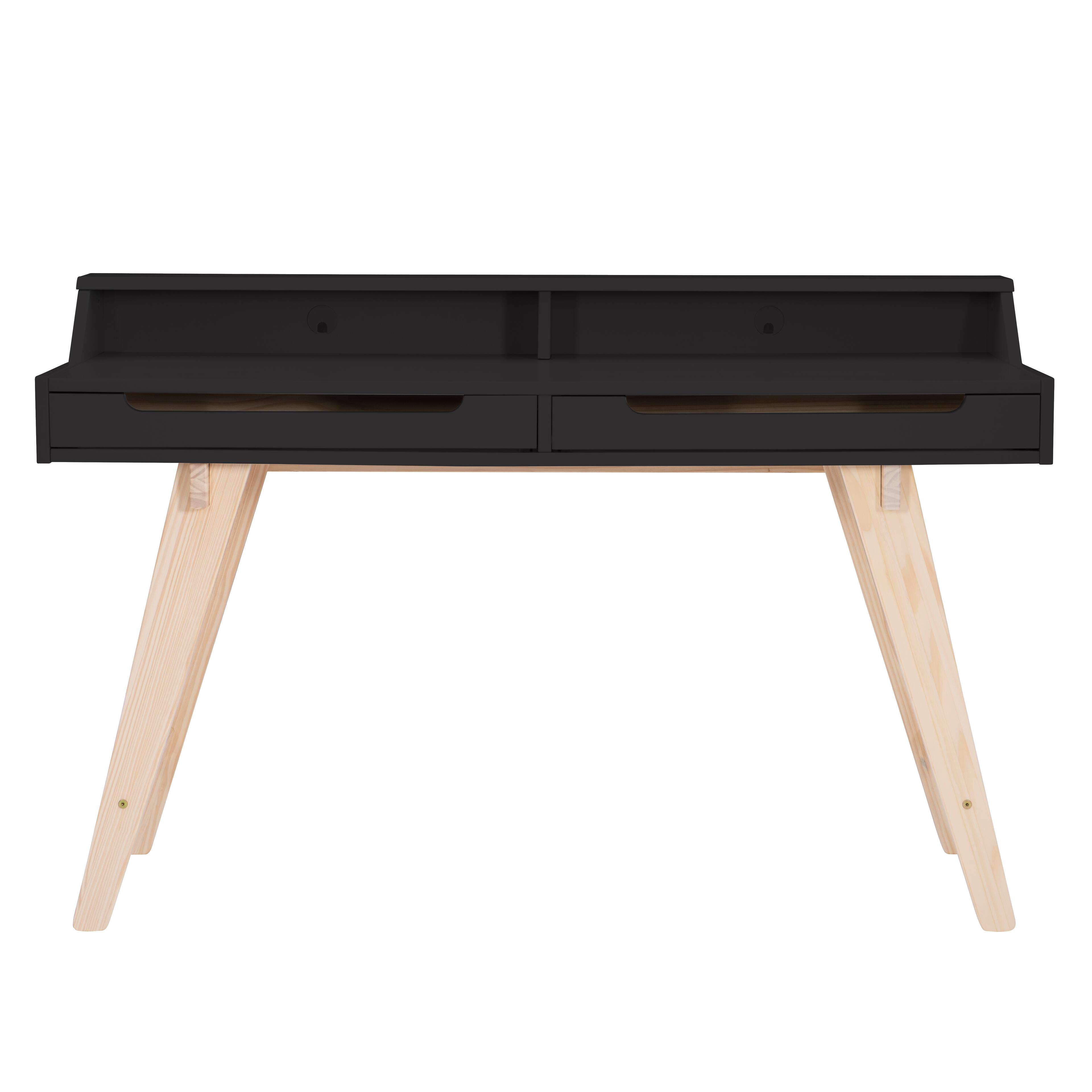 Angle. Linon Home Décor - Stanley Two-Drawer Desk With Hutch Shelf - Natural & Black.