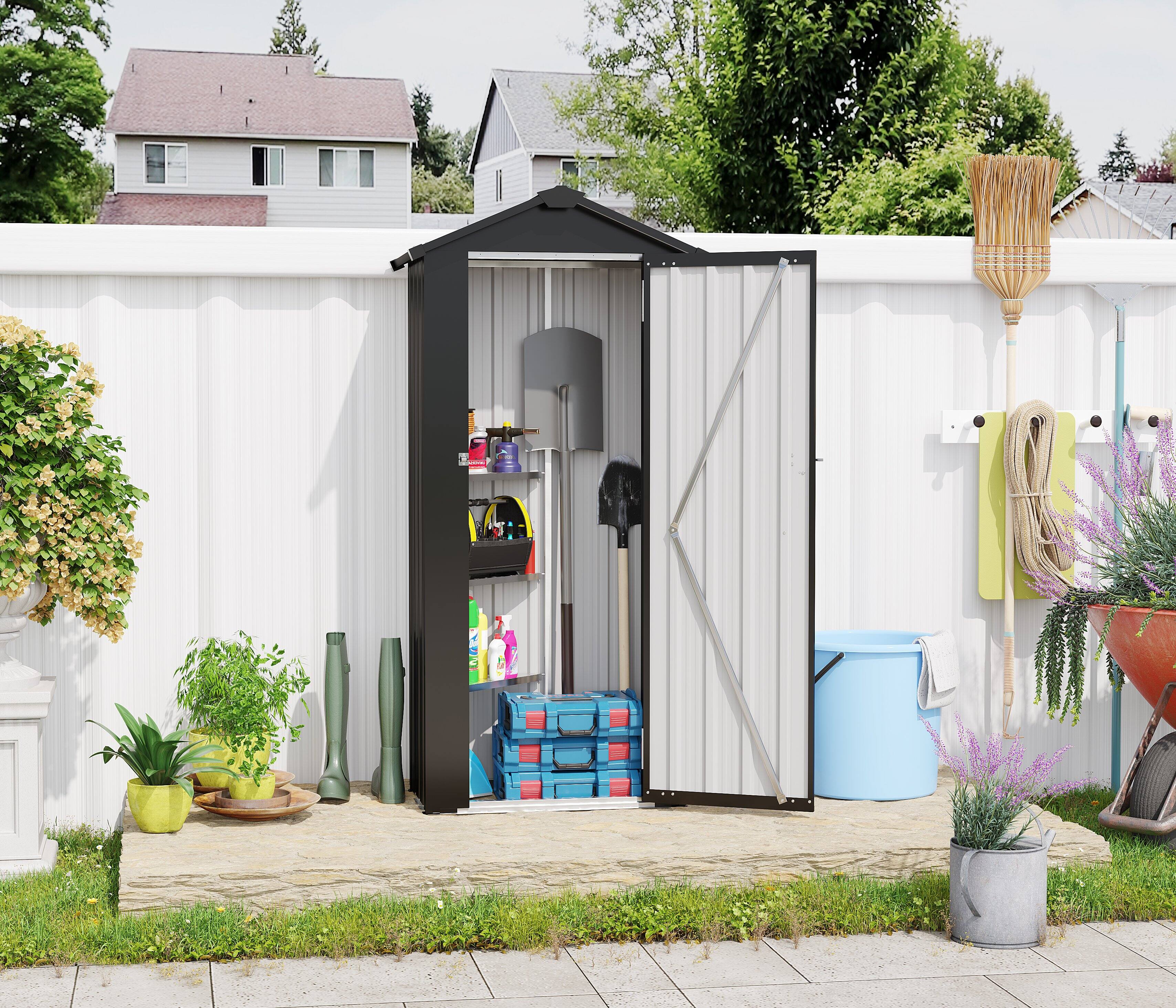 Left. Mondawe - 2.5x1.5 FT Small Metal Galvanized Iron Garden Shed with a solid lock system - Black.