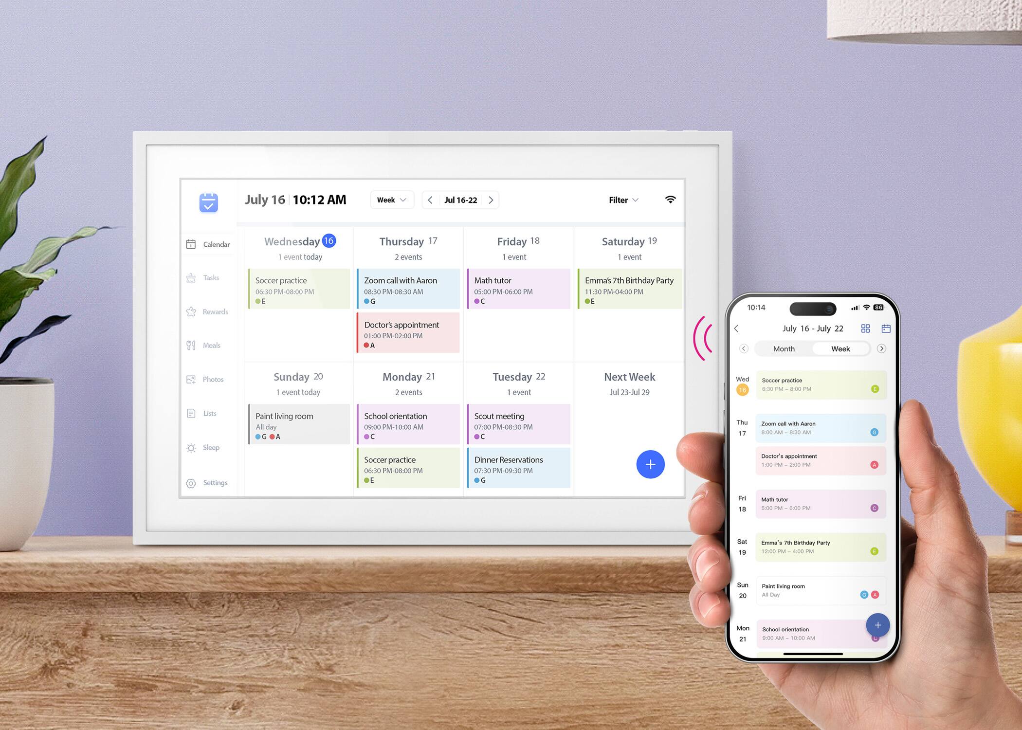 **July 16, 10:12 AM**

**Week Jul 16-22**

**Wednesday 16**
- 1 event today
  - Soccer practice 06:30 PM-08:00 PM (E)

**Thursday 17**
- 2 events
  - Zoom call with Aaron 08:30 PM-08:30 AM (G)
  - Doctor's appointment 01:00 PM-02:00 PM (A)

**Friday 18**
- 1 event
  - Math tutor 05:00 PM-06:00 PM (C)

**Saturday 19**
- 1 event
  - Emma's 7th Birthday Party 11:30 PM-04:00 PM (E)

**Sunday 20**
- 1 event today
  - Paint living room All day (G, A)

**Monday 21**
- 2 events
  - School orientation 09:00 PM-10:00 AM (C)
  - Soccer practice 06:30 PM-08:00 PM
