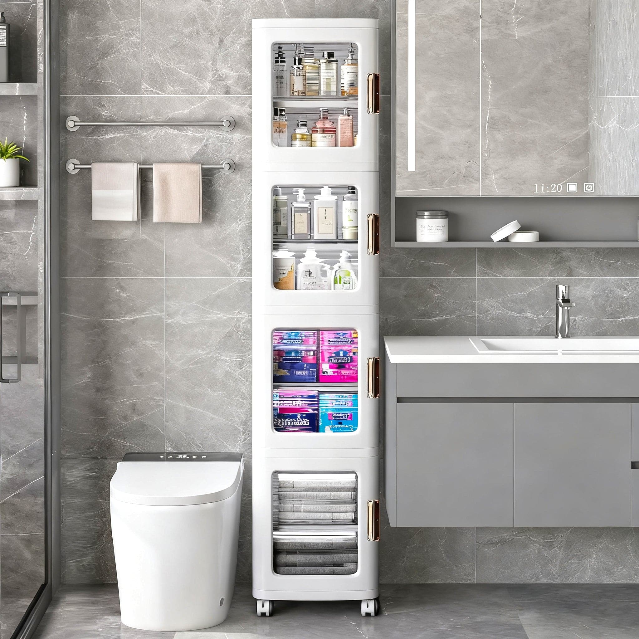 Vecelo - Narrow Bathroom Floor Storage Cabinet, Bathroom Storage Cabinet, Freestanding Bathroom Cabinet, Foldable Storage Unit - White