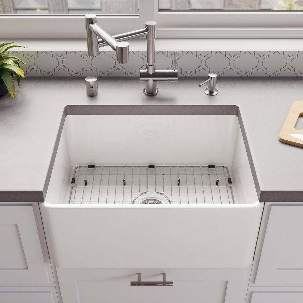 Left. Alfi - ABF2418 24" White Thin Wall Single Bowl Smooth Apron Fireclay Kitchen Farm Sink - White.