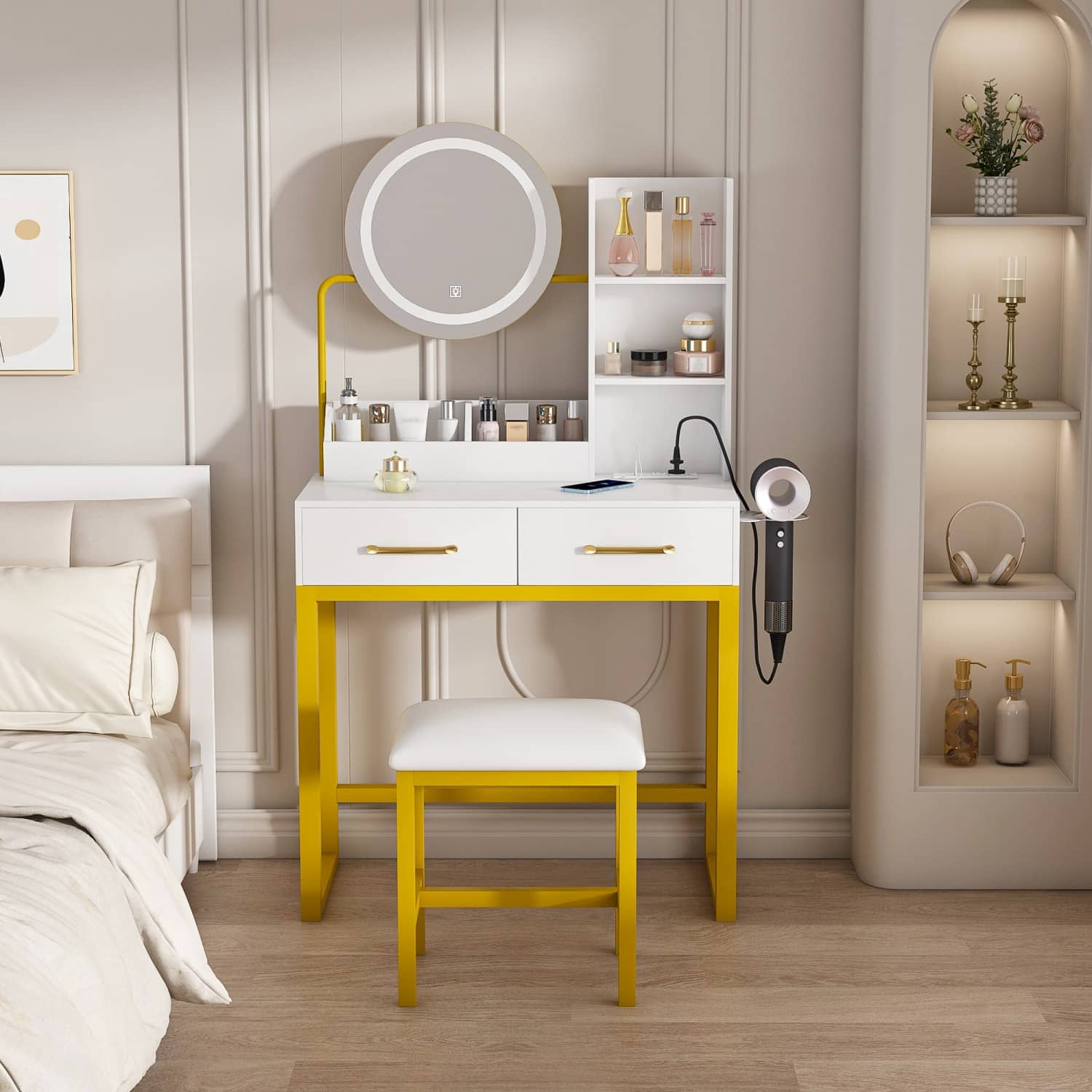 Lirago - LED Makeup Vanity Table with 3 Light Mirror Power Outlet 2 Drawers Stool Dressing Table Desk for Bedroom - White