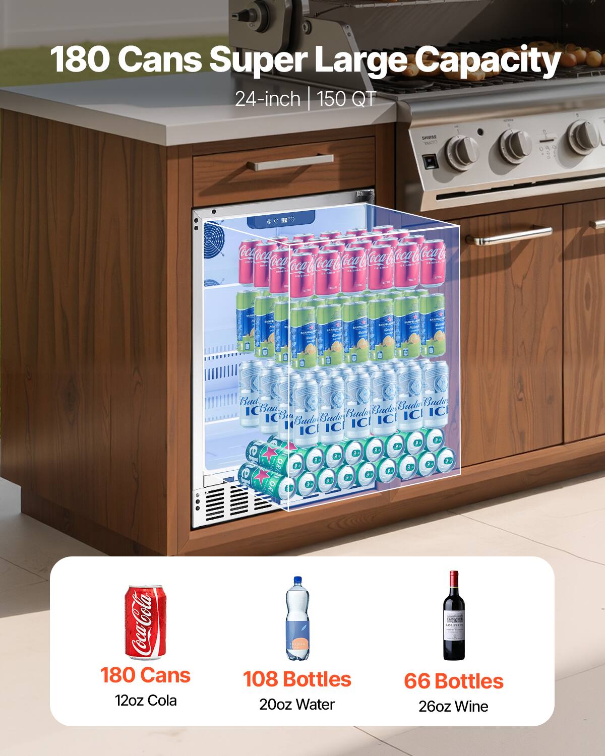 180 Cans Super Large Capacity  
24-inch | 150 QT  

180 Cans  
12oz Cola  

108 Bottles  
20oz Water  

66 Bottles  
26oz Wine
