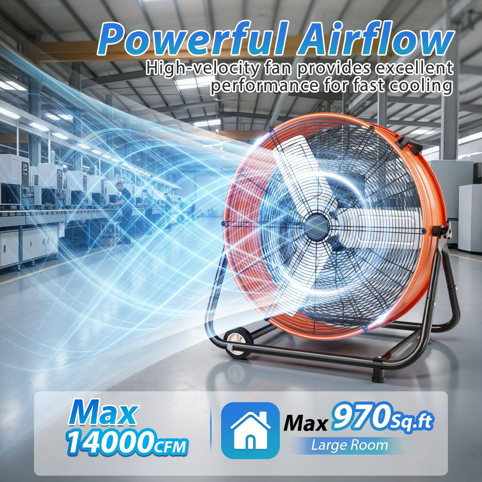 Powerful Airflow  
High-velocity fan provides excellent performance for fast cooling  
Max 14000 CFM  
Max 970 sq.ft  
Large Room