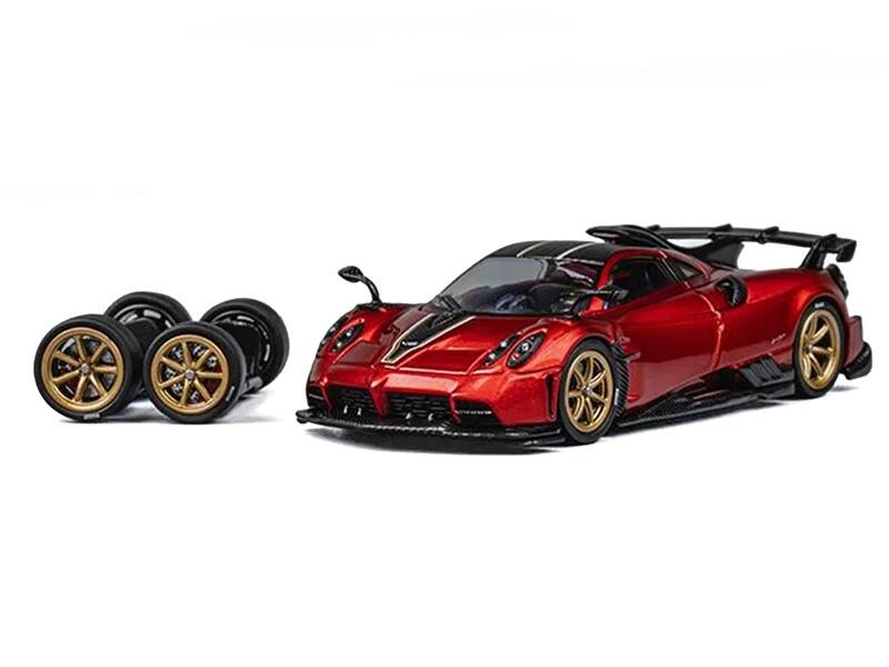 Alt View 3. CM Models - Pagani Imola Red Metallic with Carbon Top and Stripes with Extra Wheels 1/64 Diecast Model Car by CM Model.