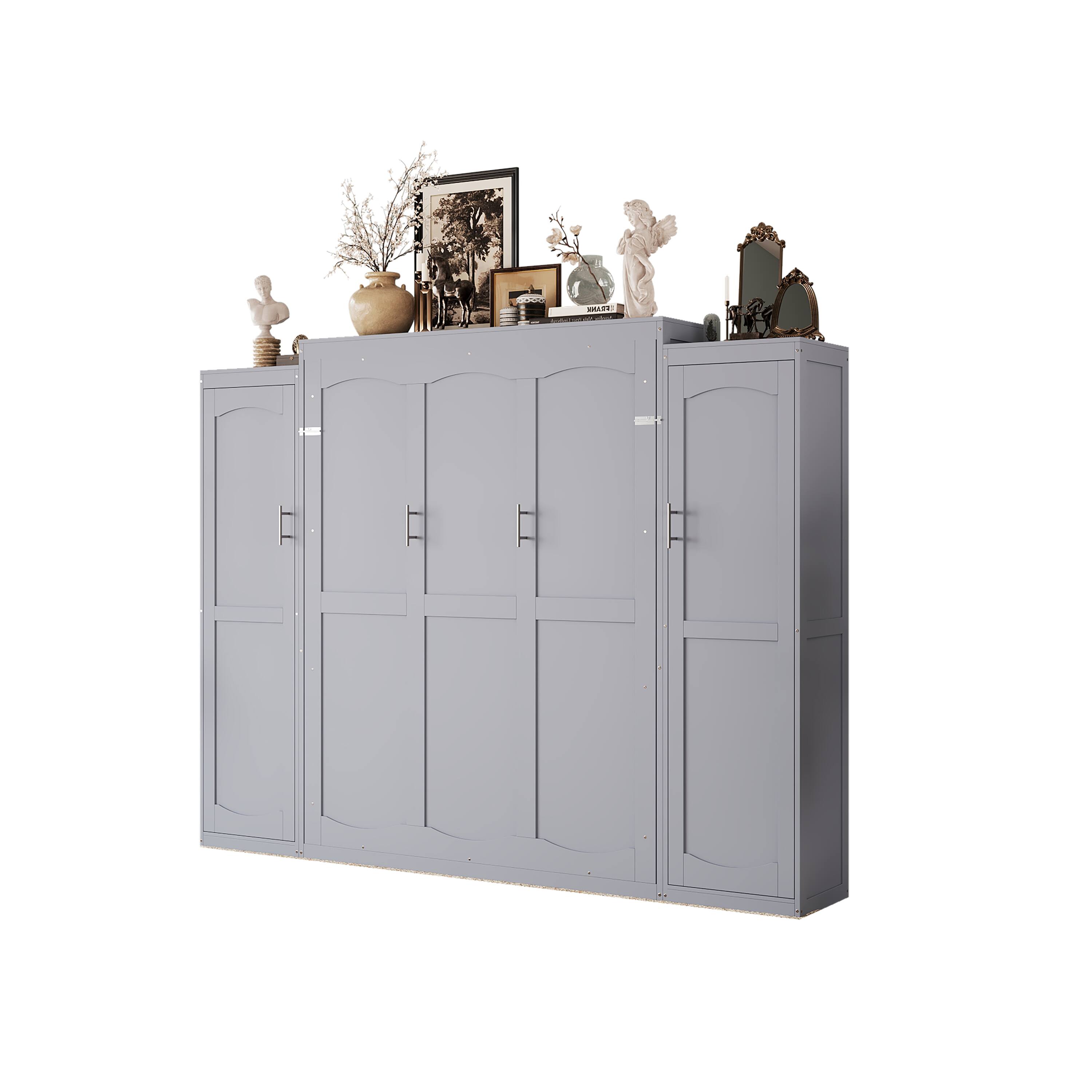 Alt View 2. Tiramisubest - Full Size Murphy Bed with 2 Wardrobe and Storage Shelf, Multifunctional Foldable Platform Bedframe, Gray - Gray.