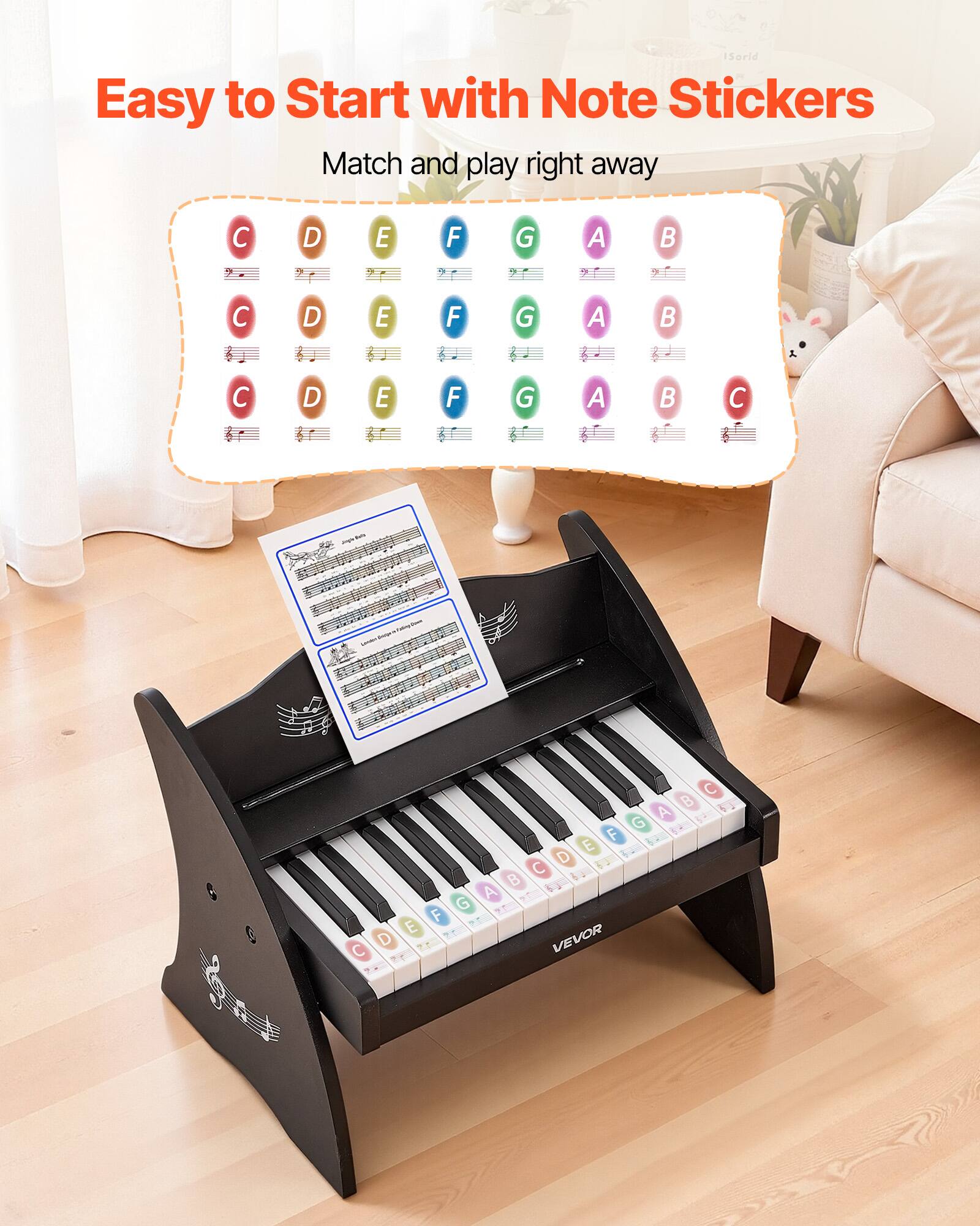 Easy to Start with Note Stickers  
Match and play right away  

C D E F G A B C D E F G A B C D E F G A  
C - C B A G F E D 3 C 6 B 5 A G F E C D 7  

VEVOR