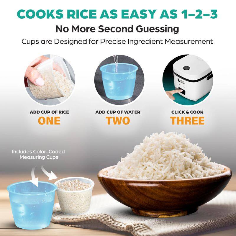 COOKS RICE AS EASY AS 1-2-3  
No More Second Guessing  
Cups are Designed for Precise Ingredient Measurement  

ADD CUP OF RICE  
ONE  

ADD CUP OF WATER  
TWO  

CLICK & COOK  
THREE  

Includes Color-Coded Measuring Cups