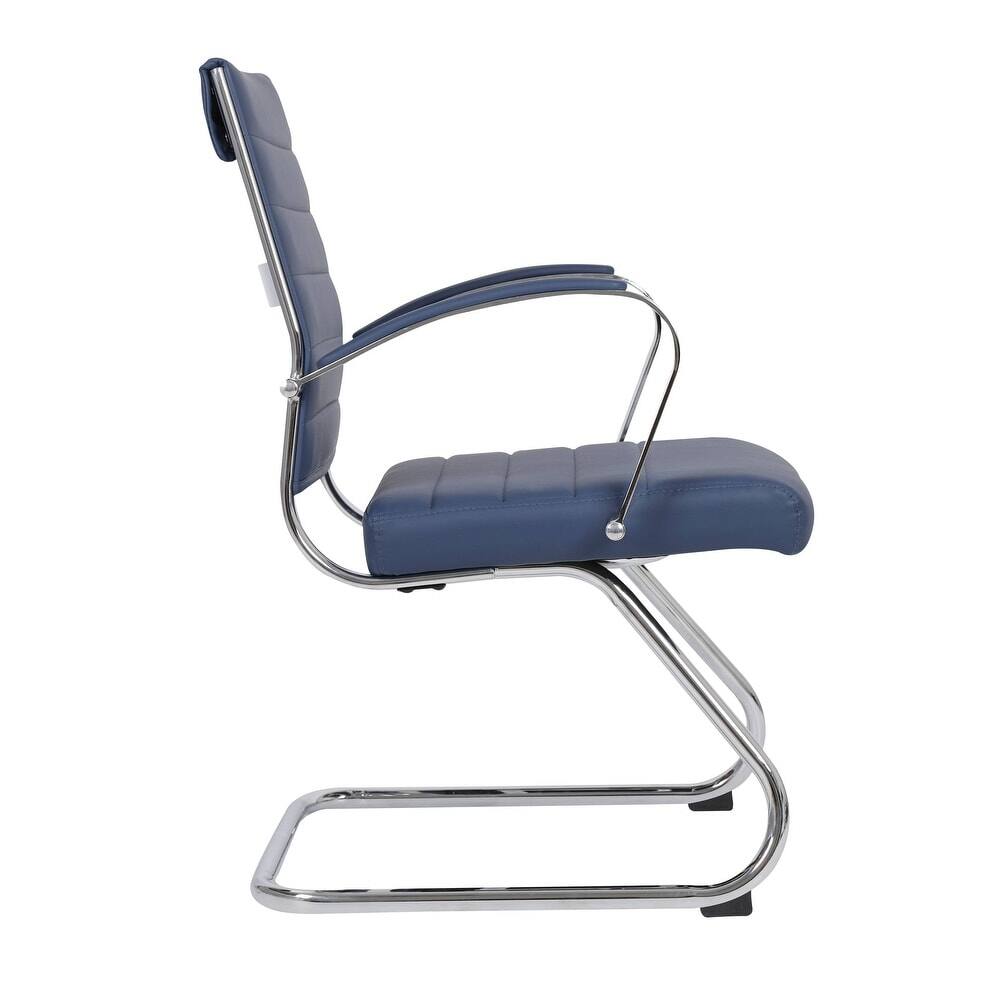 Alt View 4. LeisureMod - Set of 8 Benmar Modern Leather Office Desk Chair with Chrome Frame, Sled Base, and Padded Armrests - Navy Blue.