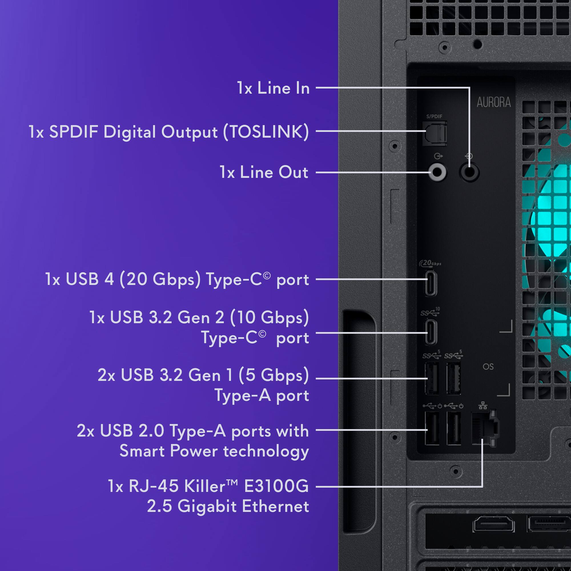 1x Line In  
1x SPDIF Digital Output (TOSLINK)  
1x Line Out  

1x USB 4 (20 Gbps) Type-C® port  
1x USB 3.2 Gen 2 (10 Gbps) Type-C® port  
2x USB 3.2 Gen 1 (5 Gbps) Type-A port  
2x USB 2.0 Type-A ports with Smart Power technology  
1x RJ-45 Killer™ E3100G 2.5 Gigabit Ethernet