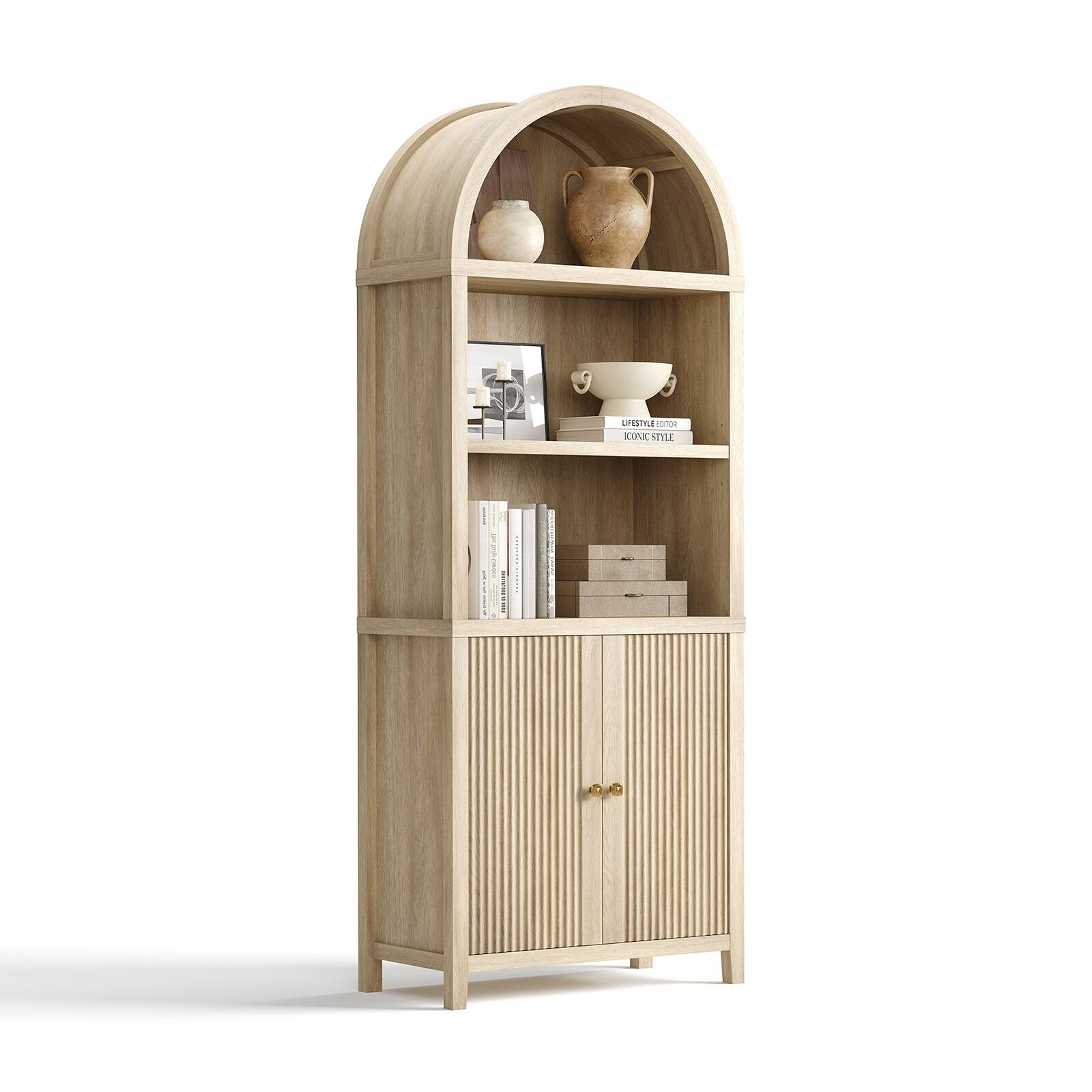 "ModernMate - 76.48"" Tall Arched Bookcase Modern Wood Fluted Storage Bookshelf with Adjustable Shelves and 2 Doors - Natural Oak" price history on PriceWatchPro