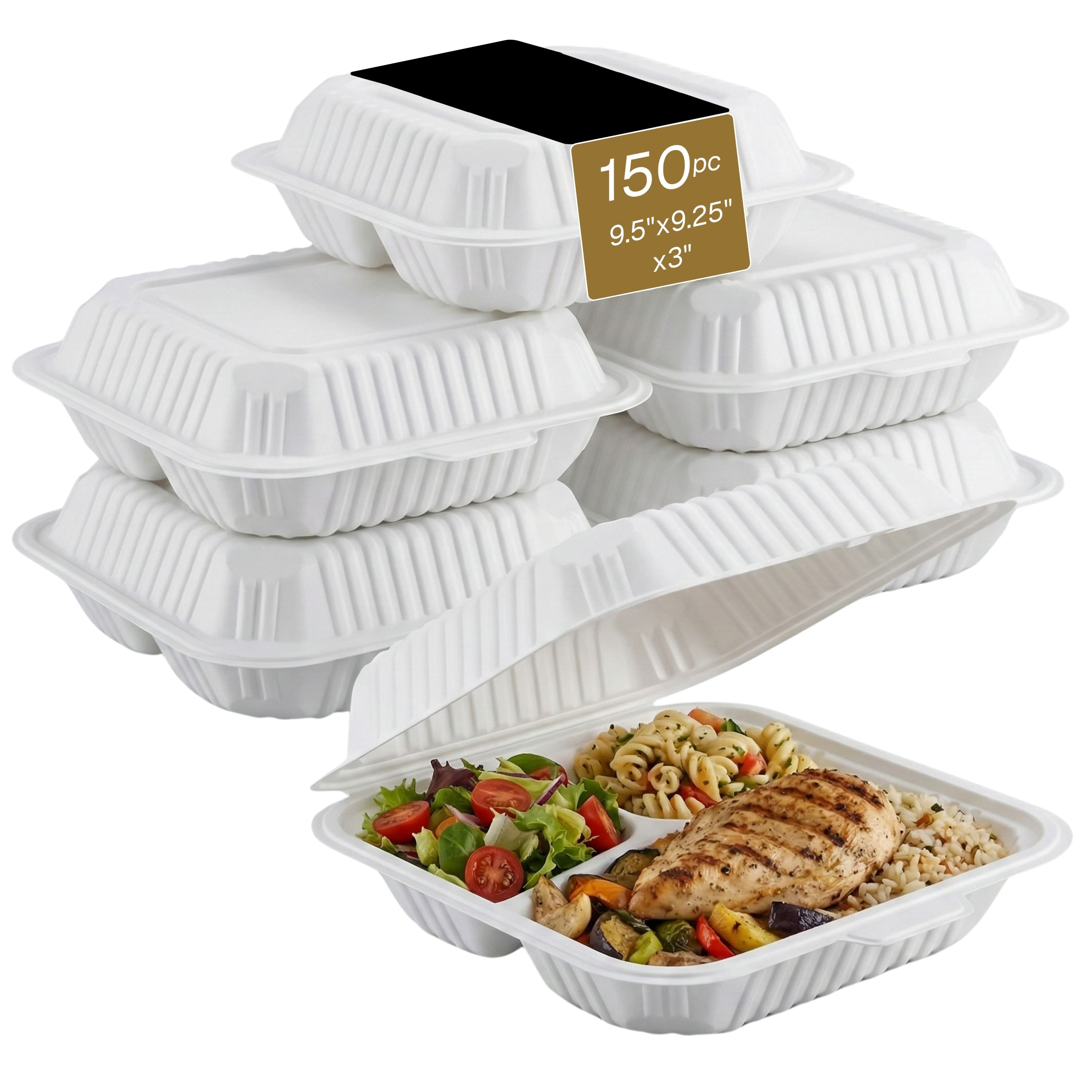 Eco Harmony Products - Clamshell (MFPP) Hinged Container (Center Slide), 3-compartment, 9.5" x 9.25", 150-Pack - White