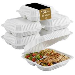 Eco Harmony Products - Clamshell (MFPP) Hinged Container (Center Slide), 3-compartment, 9.5" x 9.25", 150-Pack - White