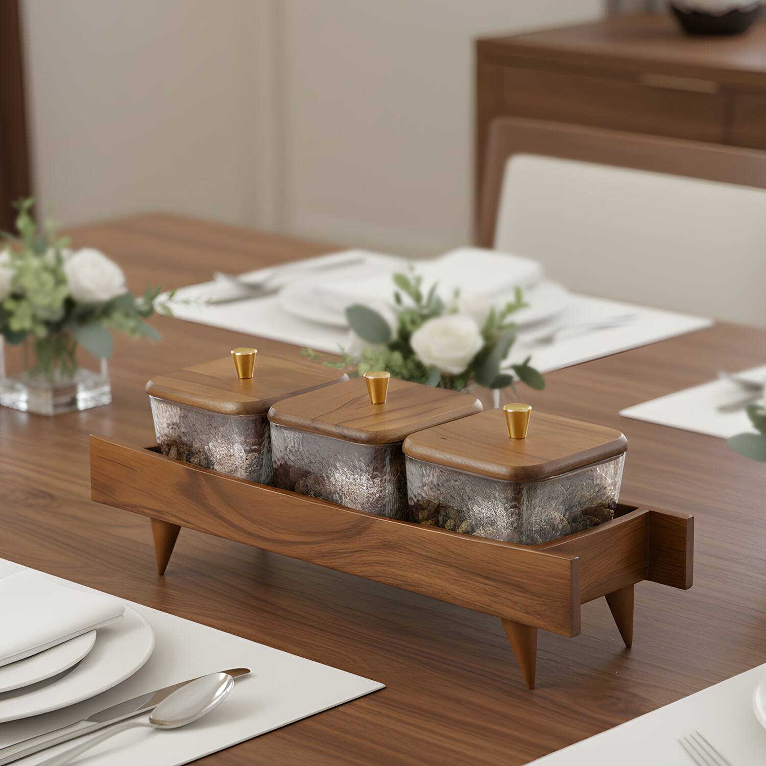 Left. Garnen - Wooden Serving Tray Snack Containers Glass Food Storage Containers With Lids, Snackle Box Canister Set For Spice Candy - Brown.