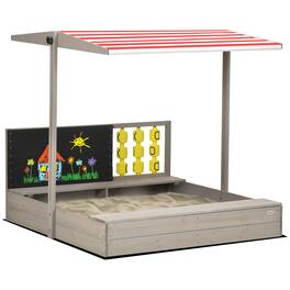 Outsunny - Kids Sandbox with Canopy, Bench Seats Wooden Sand Pit, Backyard Toy, Chalkboard, Tic Tac Toe Game, Ages 3-7