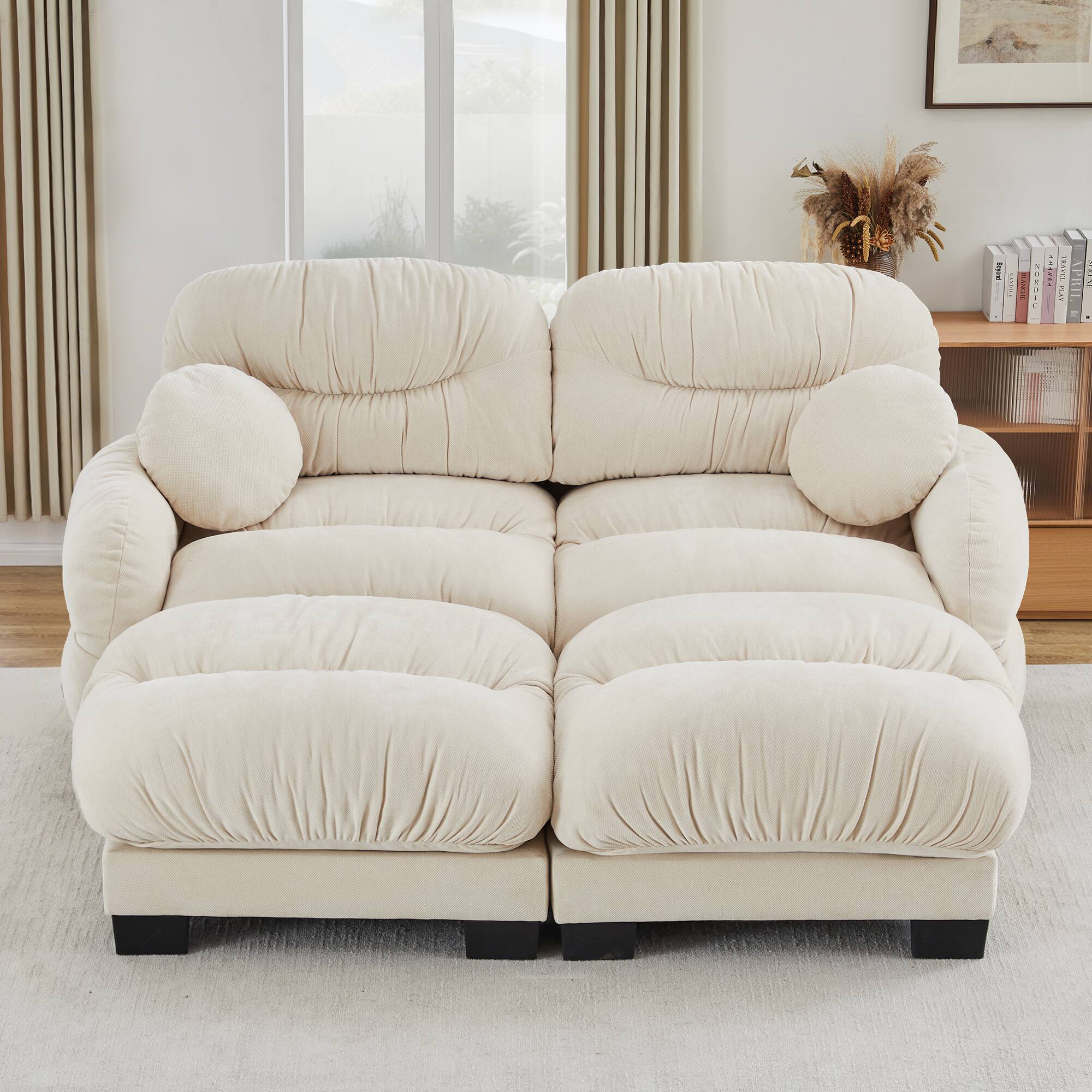 Left. Anysun - L Shape 2-Seater Modular Sofa with 2 Ottomans, High-Density Foam & Curved Armrests, Pleated Design for Living Room - Beige.