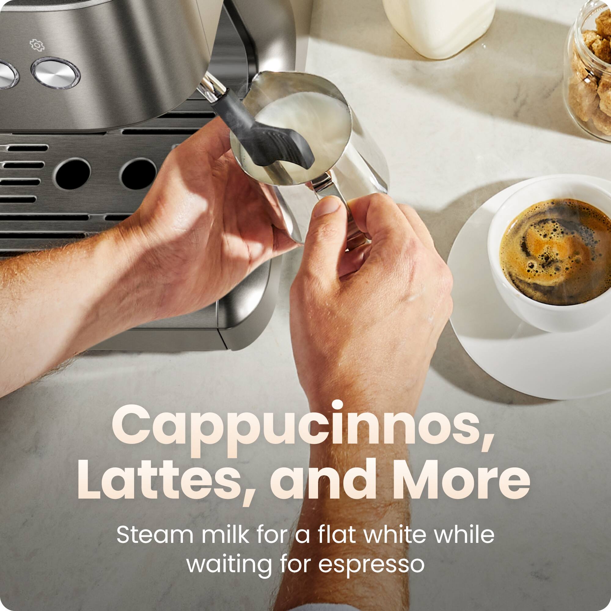 Cappuccinos, Lattes, and More

Steam milk for a flat white while waiting for espresso