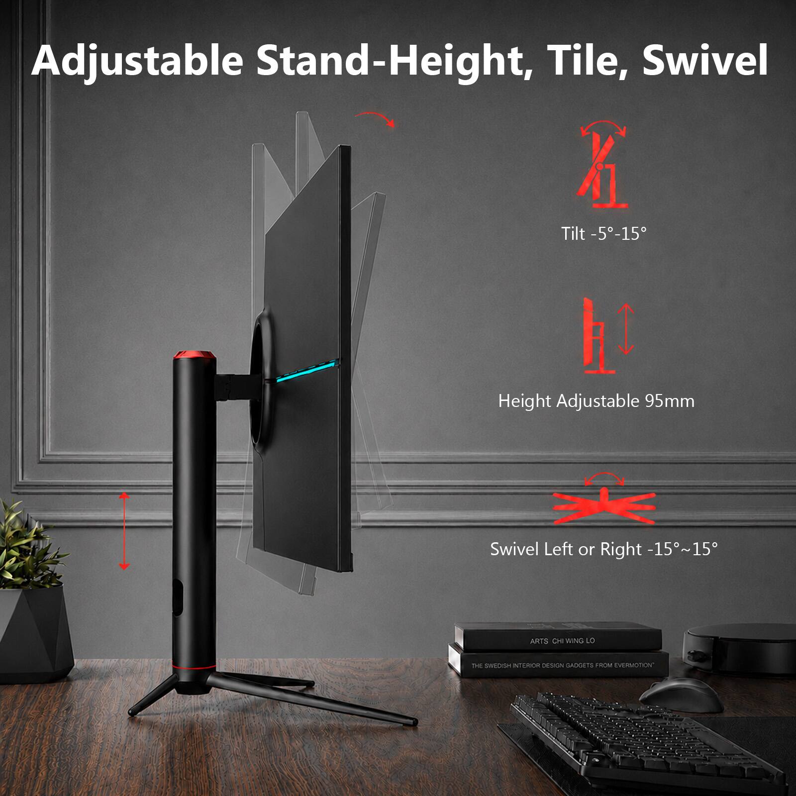 Adjustable Stand-Height, Tile, Swivel  
Tilt -5°-15°  
Height Adjustable 95mm  
Swivel Left or Right -15°~15°  

ARTS CHI WING LO  
THE SWEDISH INTERIOR DESIGN GADGETS FROM EVERMOTION