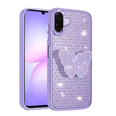 Front. Kitcheniva - Butterfly Grip Stand Faux Crystals Phone Case With Tempered Glass For Samsung Galaxy A07 Purple - Purple.