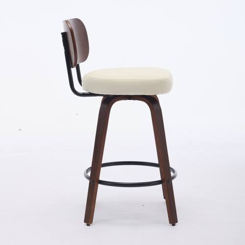 Left. LUCKY ONE - 26" Assembled Swivel Bar Stool Set of 2 Faux Leather Counter Height with Walnut Bentwood Back - Beige.