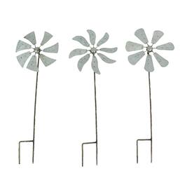 Zeckos - Set of 3 Metal Kinetic Wind Spinner Pinwheel Garden Stakes 21 Inches High - Gray