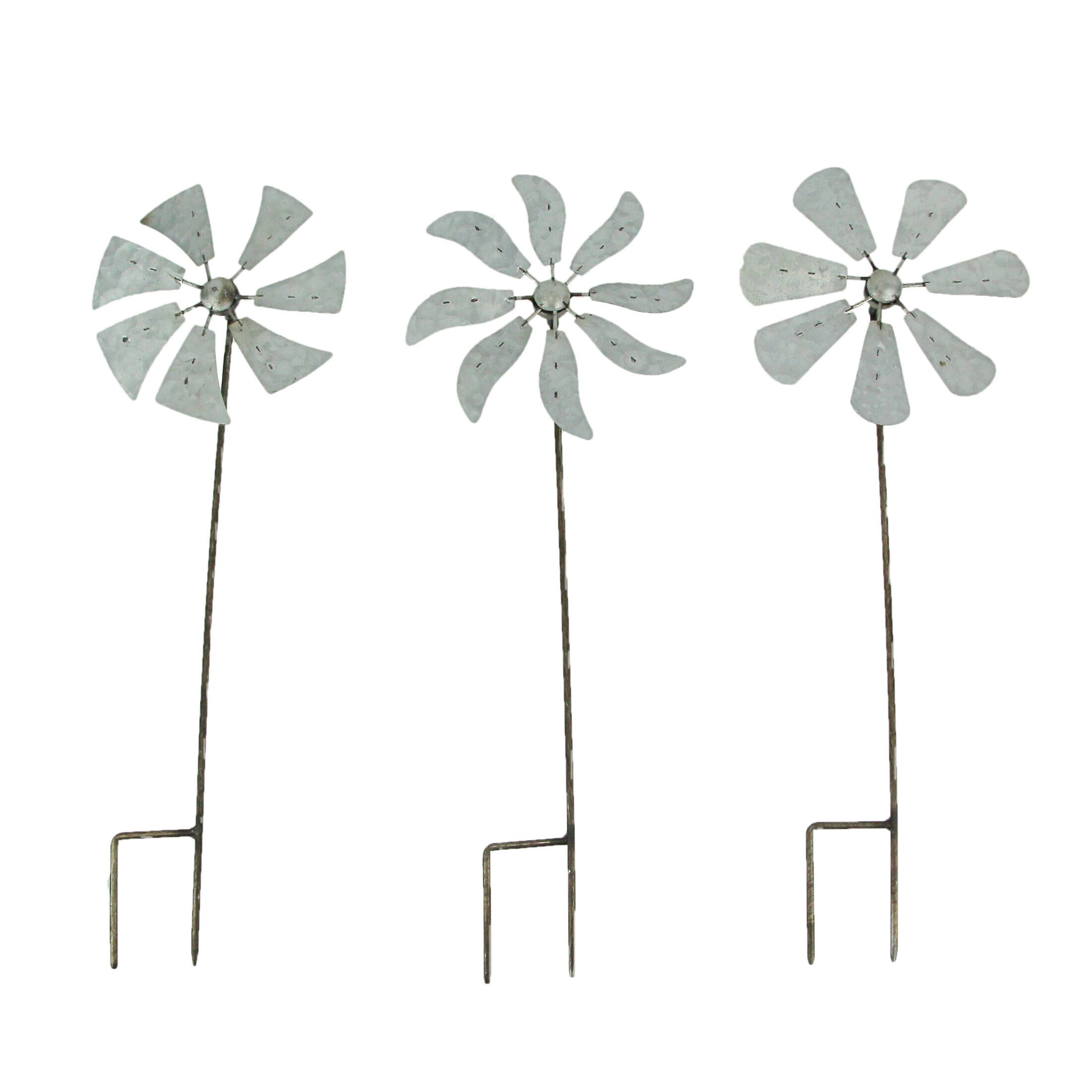 Front. Zeckos - Set of 3 Metal Kinetic Wind Spinner Pinwheel Garden Stakes 21 Inches High - Grey.