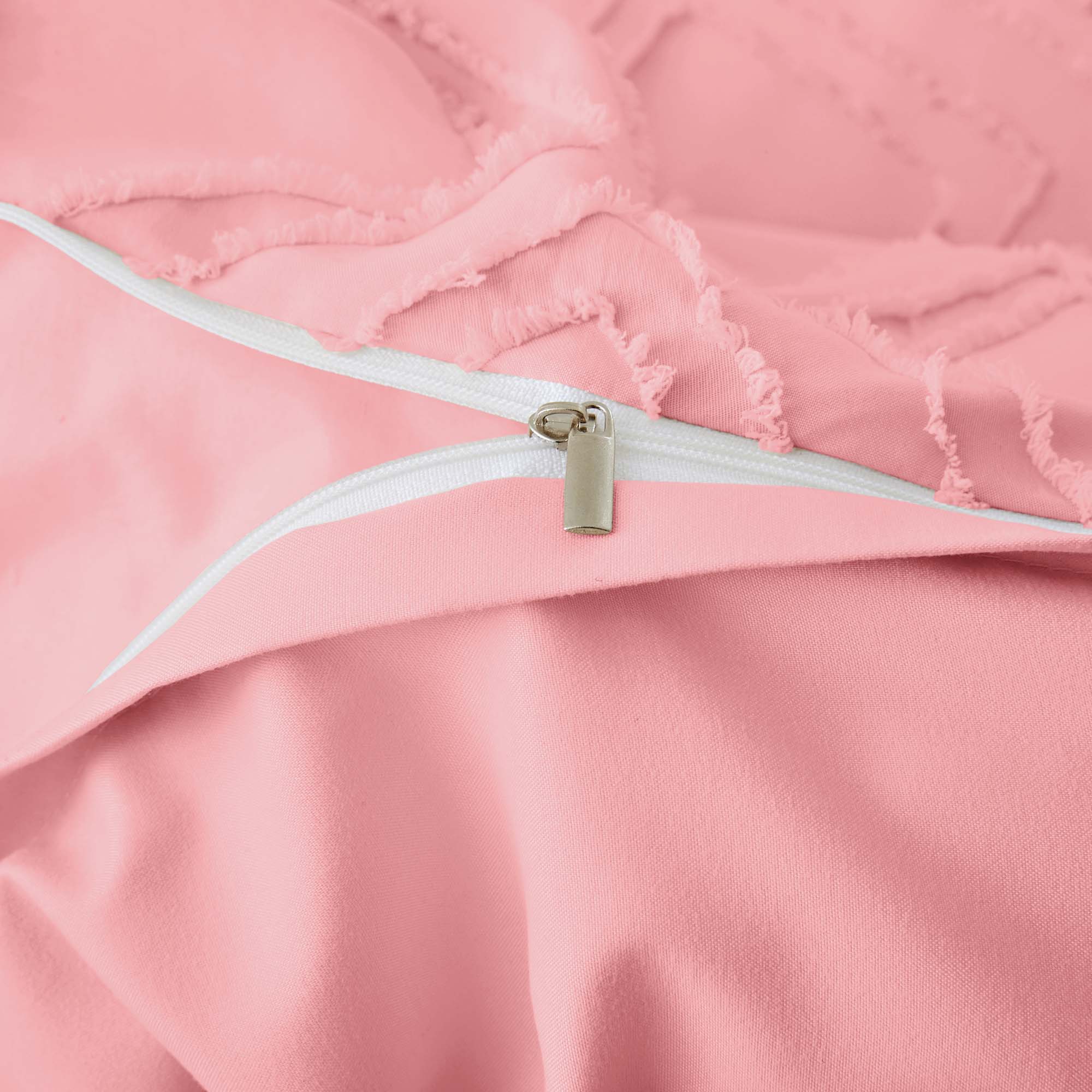 Left. Peace Nest - Peace Nest Tufted Clipped Jacquard Geometric Duvet Cover & Pillowcase Set - Square Pink.