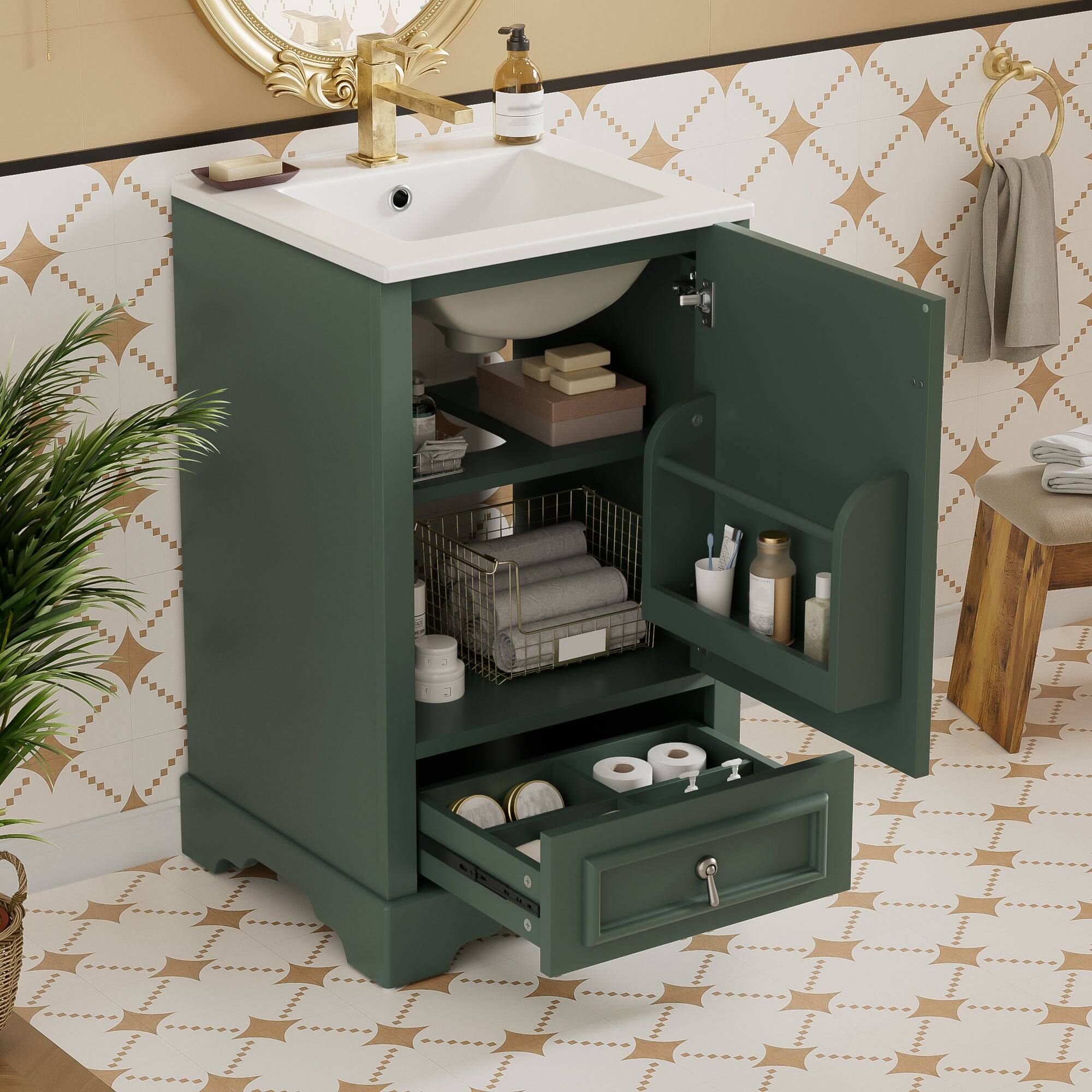 Alt View 5. Boyel Living - 20 Inch Green Bathroom Vanity with Ceramic Sink, Adjustable Shelf, Compartment Drawer, Door Storage Rack - Green.