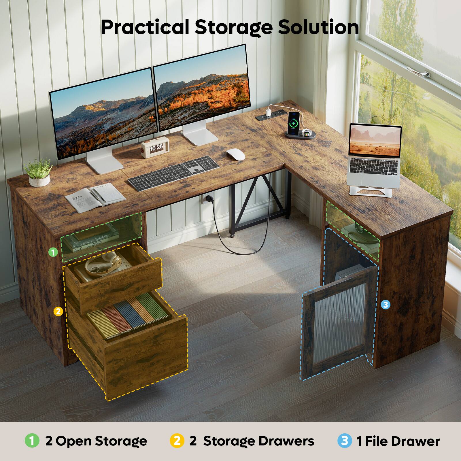 Practical Storage Solution

1. 2 Open Storage
2. 2 Storage Drawers
3. 1 File Drawer