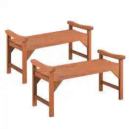 Costway - 2 PCS Solid Wood Backless Garden Bench with Support Handles & Curved Slatted Seat - Natural